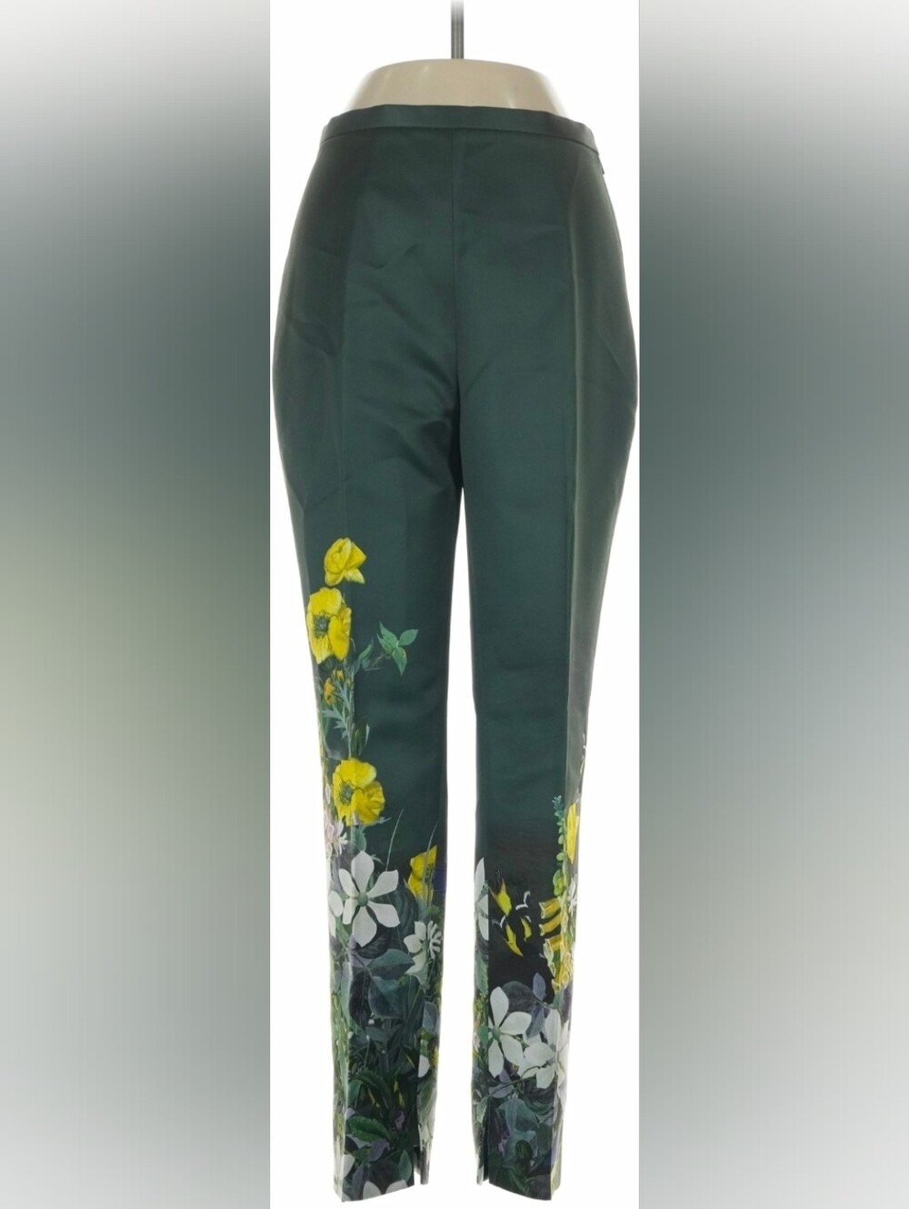 Ted Baker London Dark Green Straight-Leg Pants with Yellow Floral Hem
